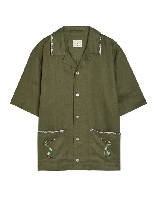 CHE Green Trompette Embroidered Linen Shirt for men