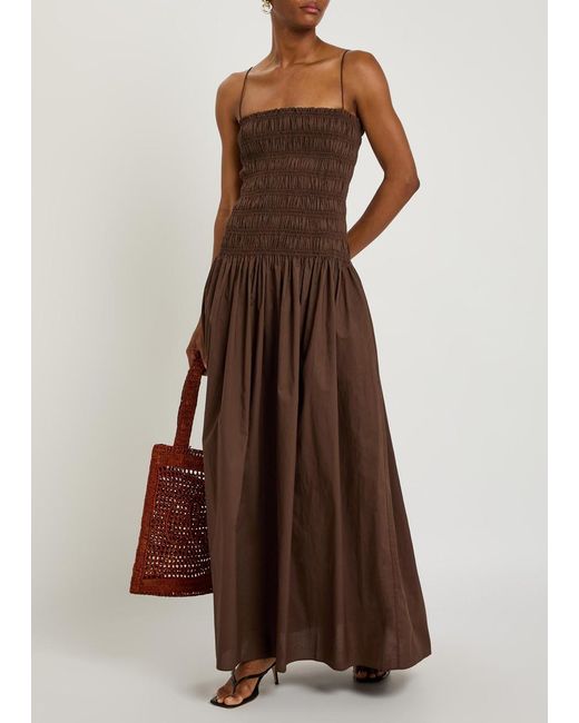 Matteau Brown Shirred Cotton-Poplin Maxi Dress