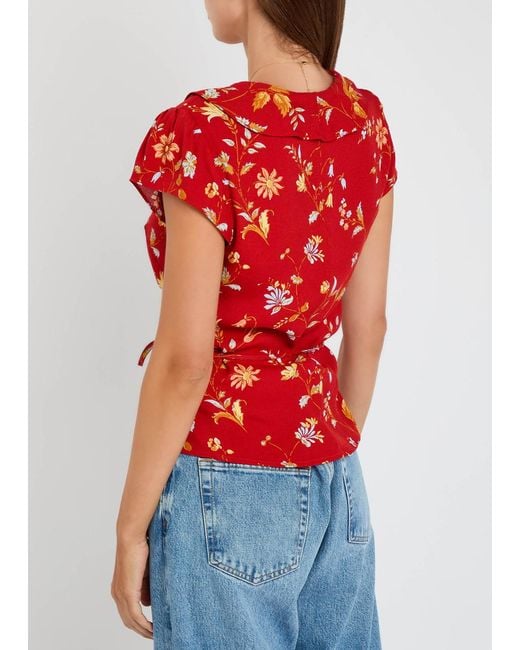 Reformation Red Clemence Floral-Print Crepe Wrap Top
