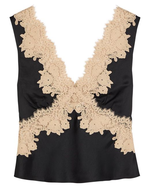 Rixo Black Emmie Lace-Trim Satin Top