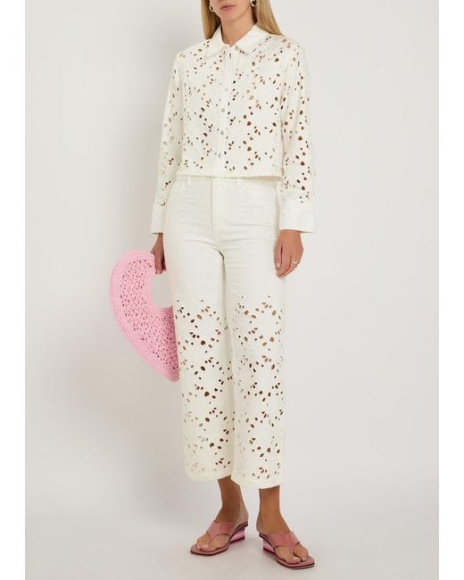 Alice + Olivia White Finely Cutwork Embroidered Denim Shirt