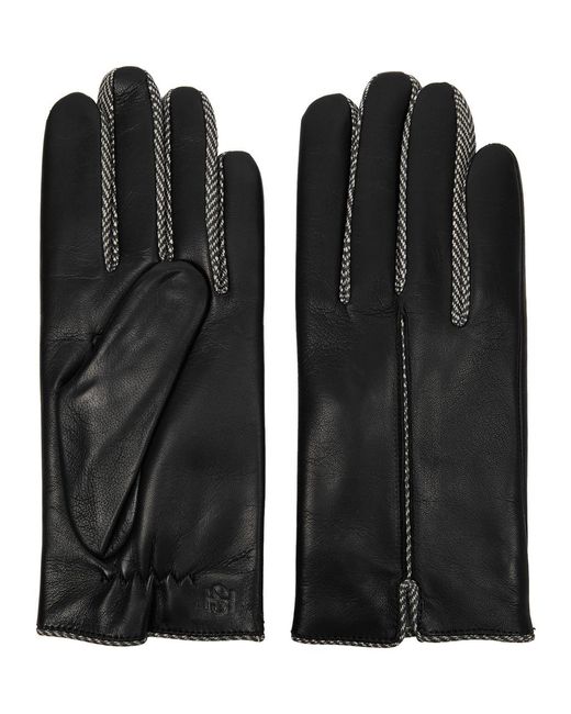 Handsome Stockholm Black Herringbone-trimmed Leather Gloves for men