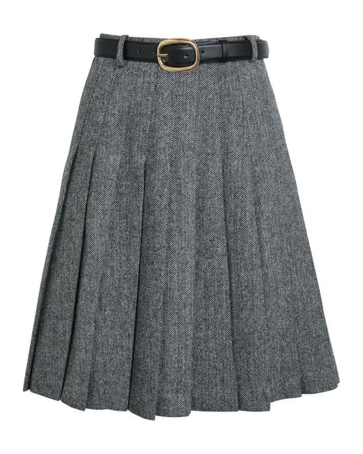 Self-Portrait Gray Herringbone Pleated Wool-Blend Mini Skirt