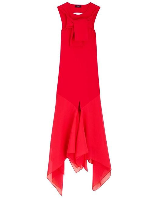 A.W.A.K.E. MODE Red Chiffon And Knit Knotted-Neckline Midi Dress