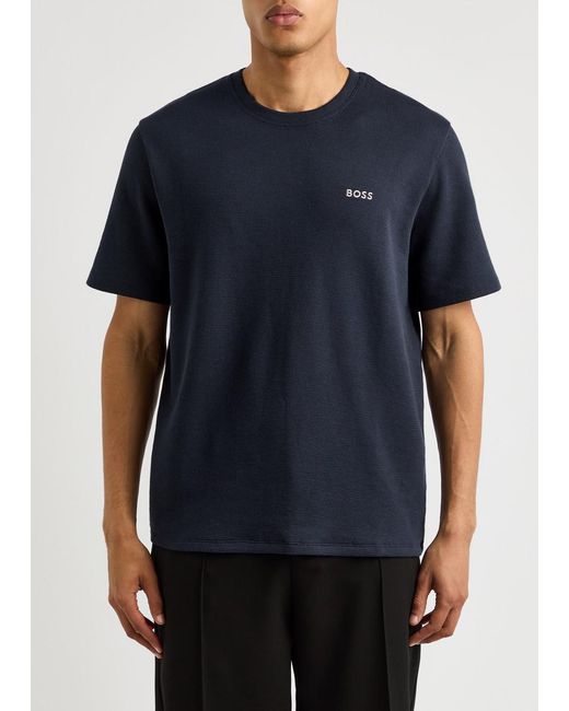Boss Blue Waffle-Knit Cotton-Blend T-Shirt for men
