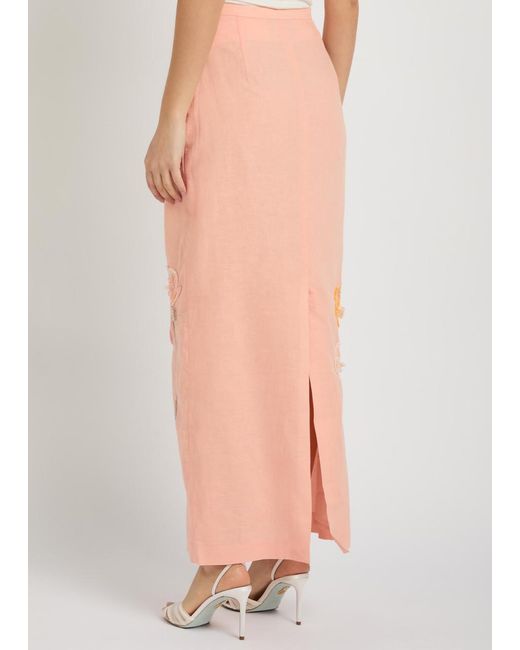 BERNADETTE Pink Norma Floral-Embroidered Cotton And Linen-Blend Midi Skirt