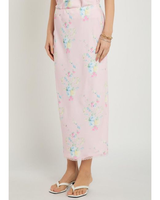LoveShackFancy Pink Kalo Floral-Print Satin Midi Slip Skirt