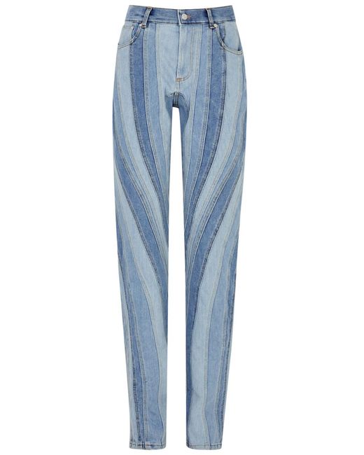 Mugler Blue Spiral Panelled Tapered-leg Jeans
