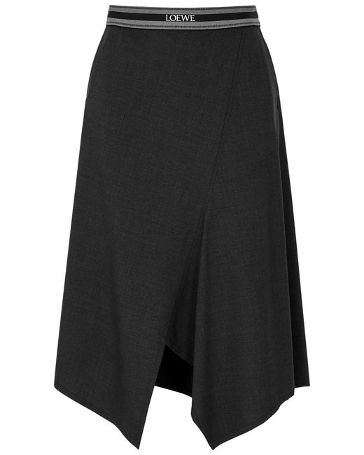 Loewe Black Asymmetric Wool Midi Skirt