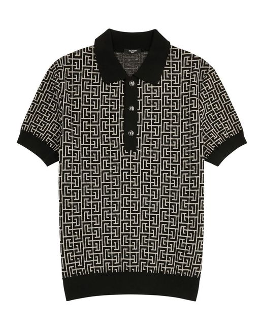 Balmain Black Monogram-intarsia Wool-blend Polo Shirt for men