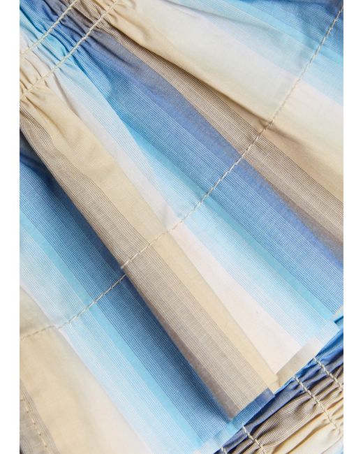 Ganni Blue Ombre Stripe Smocked Cotton-Poplin Top