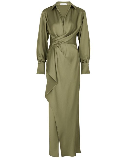 Jonathan Simkhai Talita Wrap-effect Satin Midi Dress in Green | Lyst