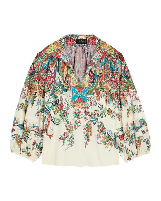 Etro Multicolor Printed Balloon-Sleeve Cotton-Poplin Top