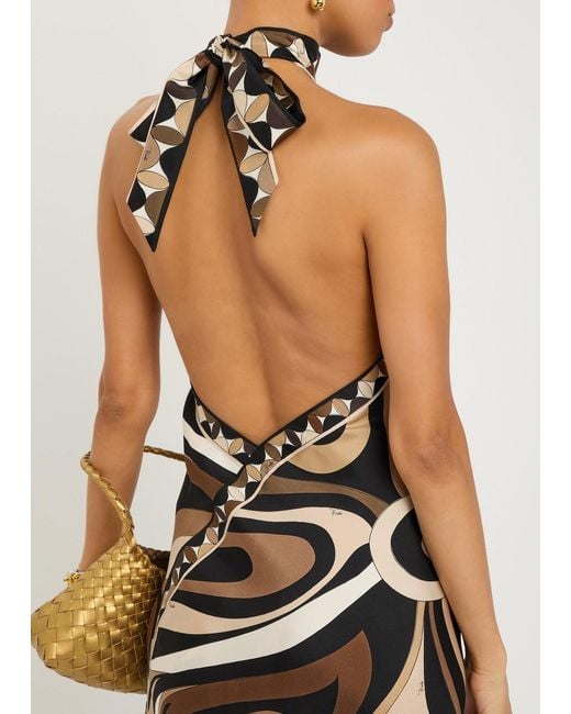 Emilio Pucci White Halterneck Printed Silk Midi Dress
