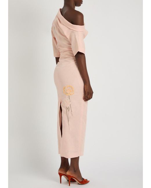 BERNADETTE Pink Bowery Floral-Embroidered Cotton-Blend Midi Dress