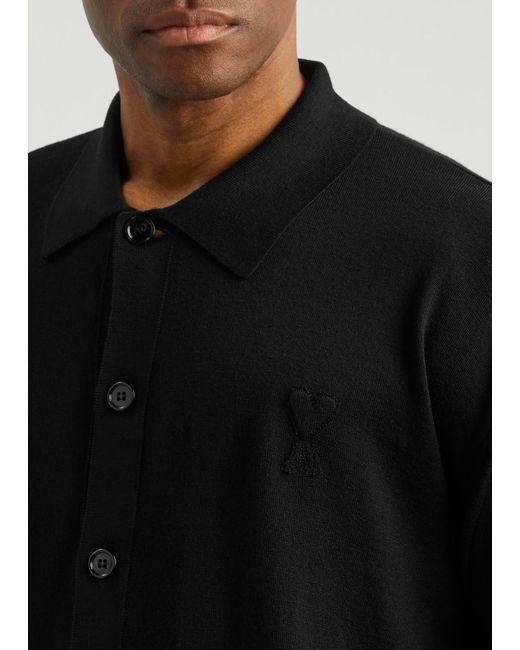 AMI Black Logo-Embroidered Wool Cardigan for men