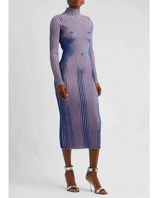 Jean Paul Gaultier Blue Trompe L'Oeil Ribbed Wool-Blend Midi Dress