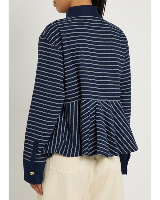 Ganni Blue Striped Peplum Piqué Cotton Polo Shirt