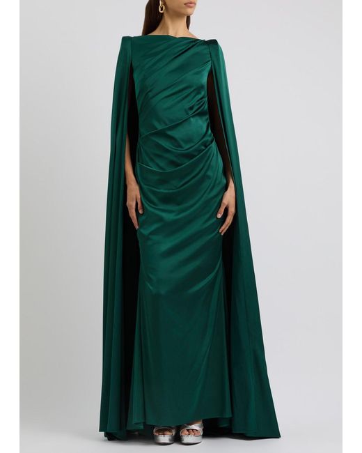 Talbot Runhof Green Cape-Back Satin Gathered Gown