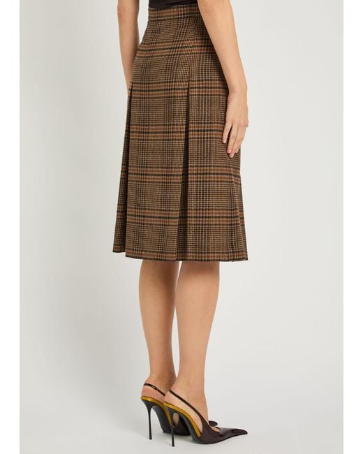 Saint Laurent Brown Houndstooth Inverted-Pleat Wool Midi Skirt