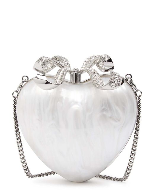 Self-Portrait Gray Heart Crystal-Embellished Pearlescent Acrylic Clutch