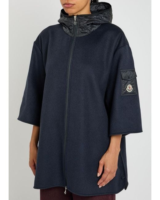 Moncler Blue Hooded Shell And Wool-Blend Cape Coat
