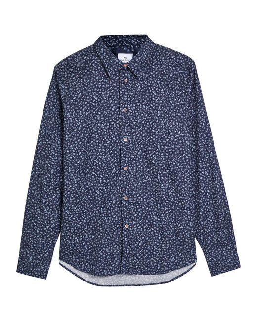 Paul Smith Blue Patterned Stretch-Cotton Shirt for men