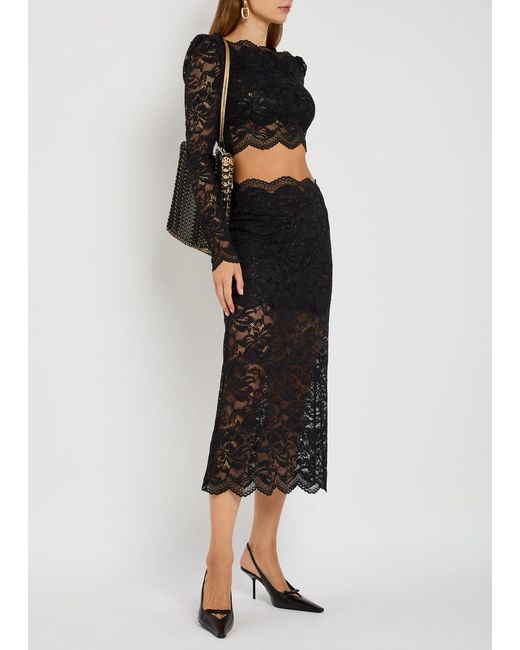 Rabanne Black Floral Stretch-Guipure Lace Midi Skirt