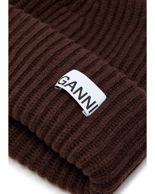 Ganni Brown Logo-Appliquéd Ribbed Wool-Blend Beanie