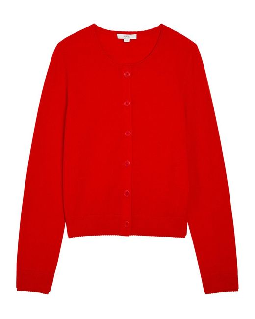 Vince Red Scalloped Trims Wool And Cashmere-Blend Cardigan