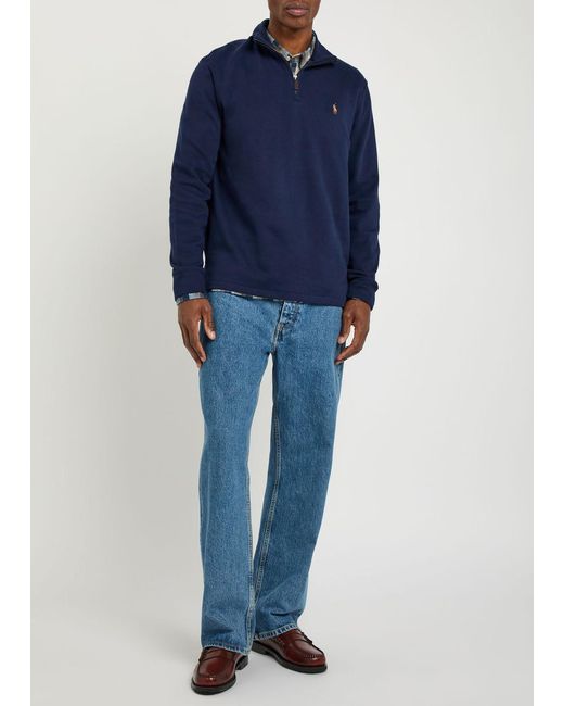 Polo Ralph Lauren Blue Logo-Embroidered Half-Zip Cotton Jumper for men