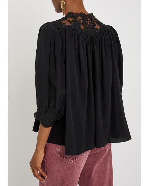 Chloé Black Lace-Trimmed Silk Blouse