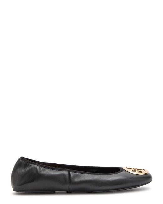 Tory Burch Black Reva Travel Logo Leather Ballet Flats