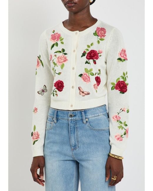 Alice + Olivia White Dollie Floral-Embroidered Knit Cardigan