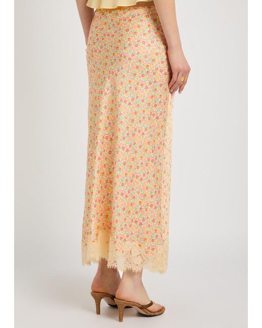Rixo Natural Matilde Floral-Print Satin Midi Skirt