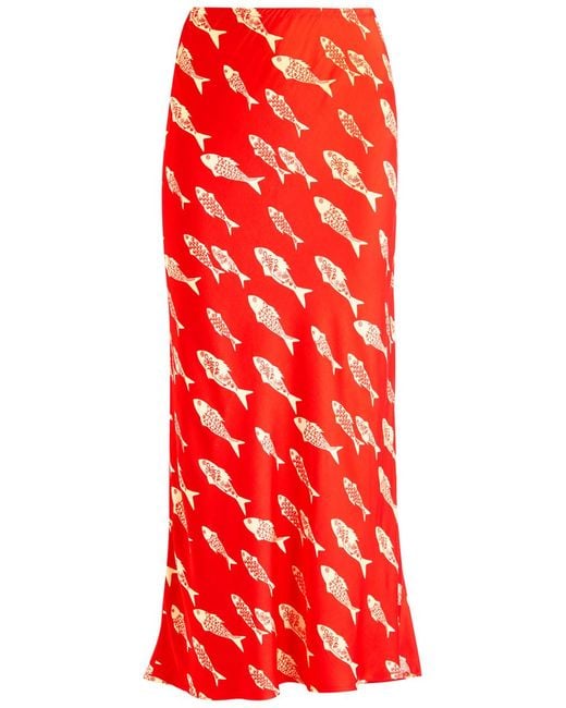 Never Fully Dressed Red Marina Dorris Printed Satin Midi Skirt