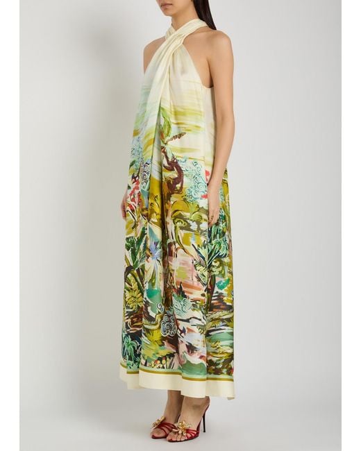 ALÉMAIS Yellow Jungle Boogie Printed Halterneck Silk Maxi Dress