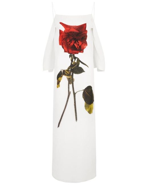 Alexander McQueen White Rose-Print Silk-Georgette Maxi Dress
