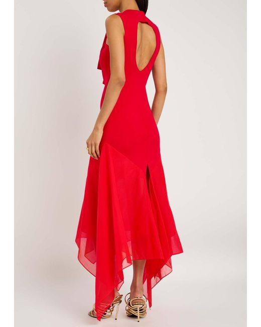 A.W.A.K.E. MODE Red Chiffon And Knit Knotted-Neckline Midi Dress