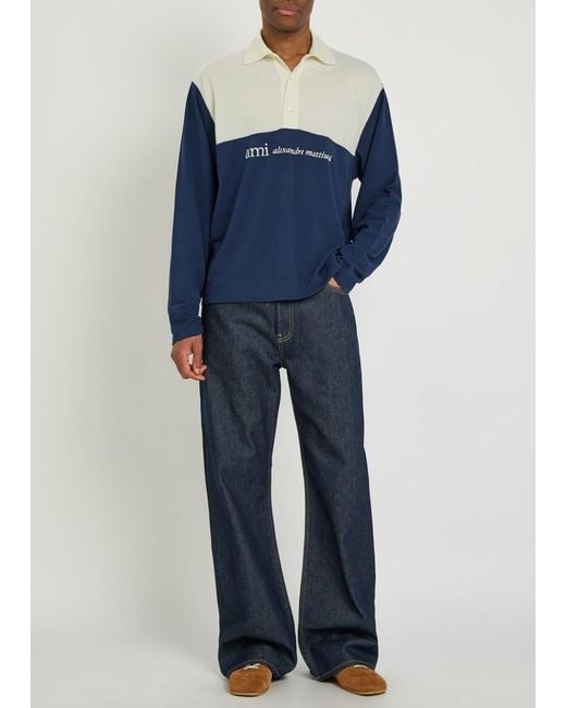 AMI Blue Logo-Embroidered Panelled Piqué Cotton Polo Shirt for men