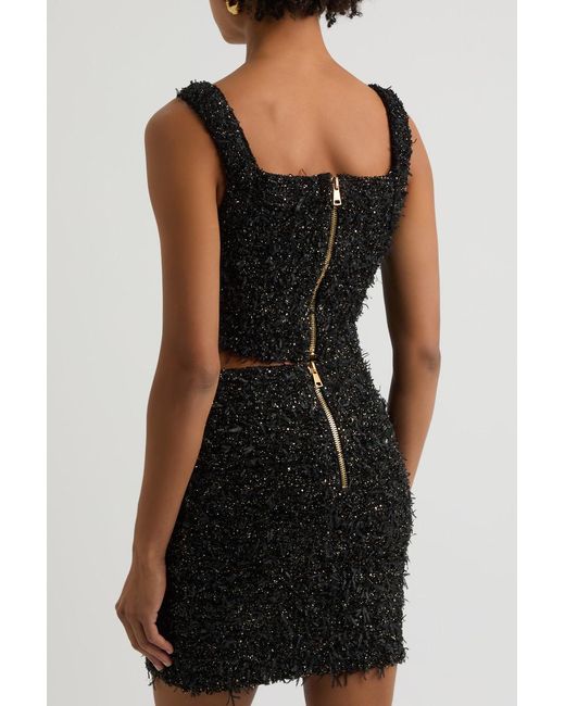 Balmain Black Frayed Cropped Bouclé Tweed Top