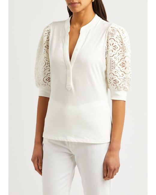 Veronica Beard White Coralee Lace And Cotton Top
