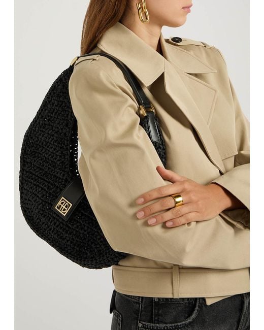 Anine Bing Black Lou Raffia Crescent Shoulder Bag