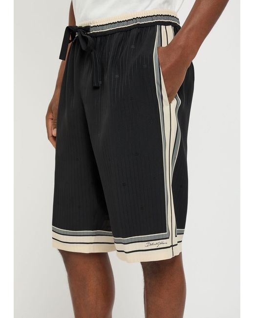 Dolce & Gabbana Black Striped Logo-Jacquard Silk Shorts for men