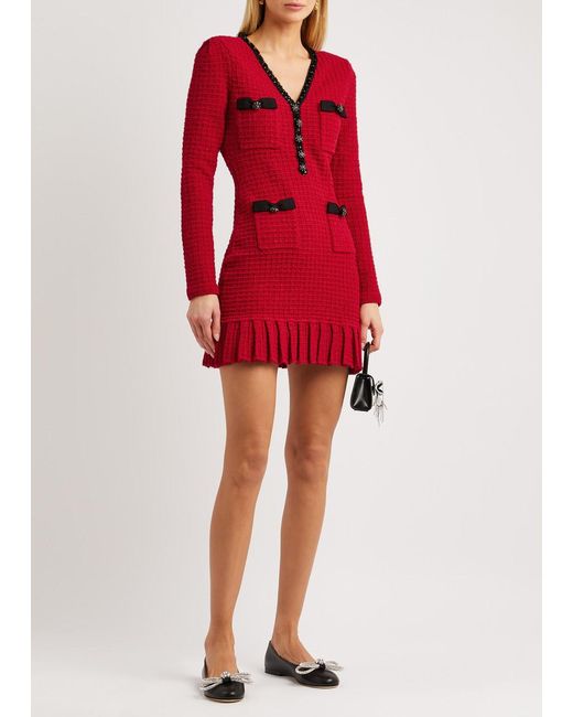 Self-Portrait Red Sequin-embellished Waffle-knit Mini Dress