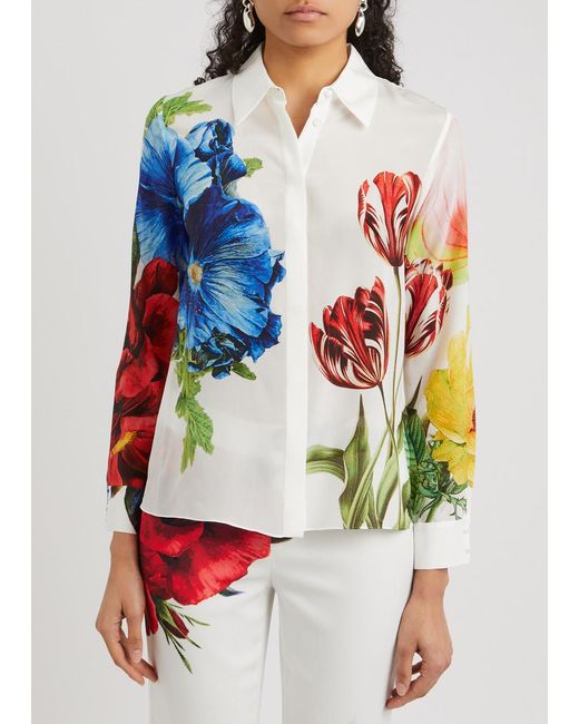 Alice + Olivia White Will Floral-Print Silk Shirt