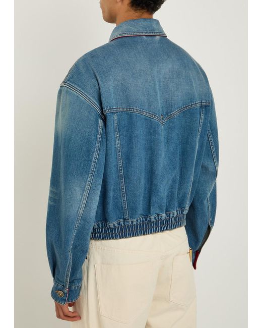 Versace Blue Leather-Collar Denim Jacket for men