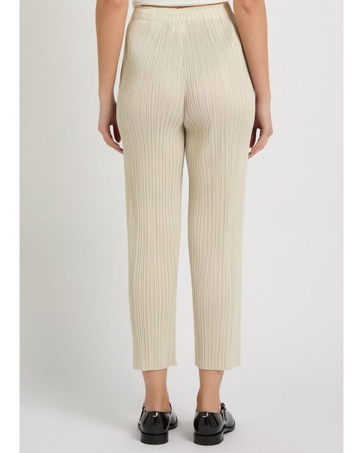 Pleats Please Issey Miyake Natural Pleated Straight-Leg Woven Cropped Trousers