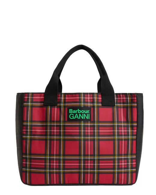 BARBOUR X GANNI Logo-Embroidered Tartan Waxed Cotton Tote