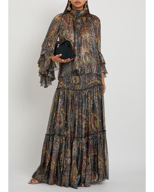 Etro Multicolor Printed Tiered Metallic Silk Midi Skirt